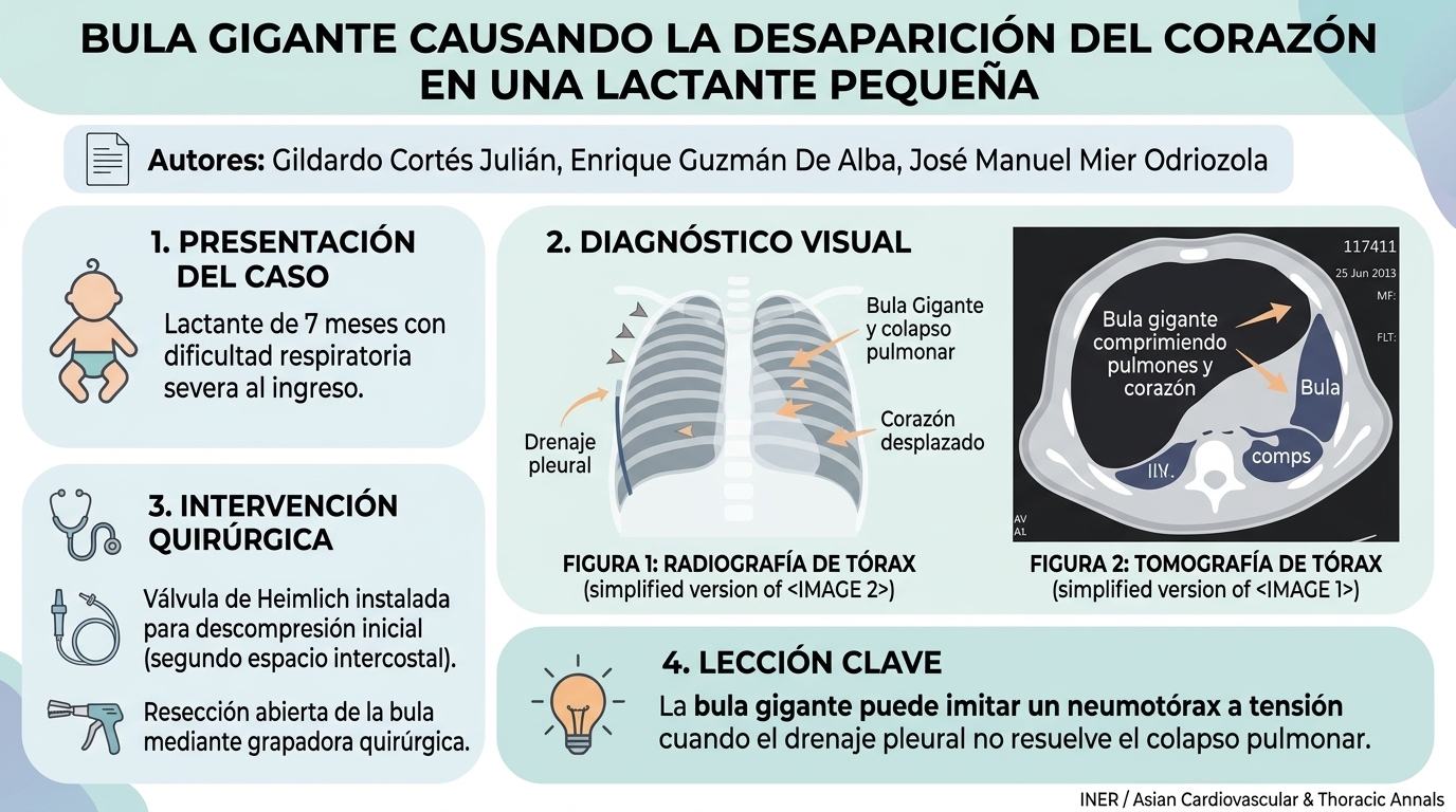 Infografía: Bula gigante causando la desaparición del corazón en una lactante pequeña, manejada con drenaje pleural y resección quirúrgica. Autores: Gildardo Cortés Julián, Enrique Guzmán De Alba, José Manuel Mier Odriozola. Fuente: Instituto Nacional de Enfermedades Respiratorias (INER) / Asian Cardiovascular & Thoracic Annals.